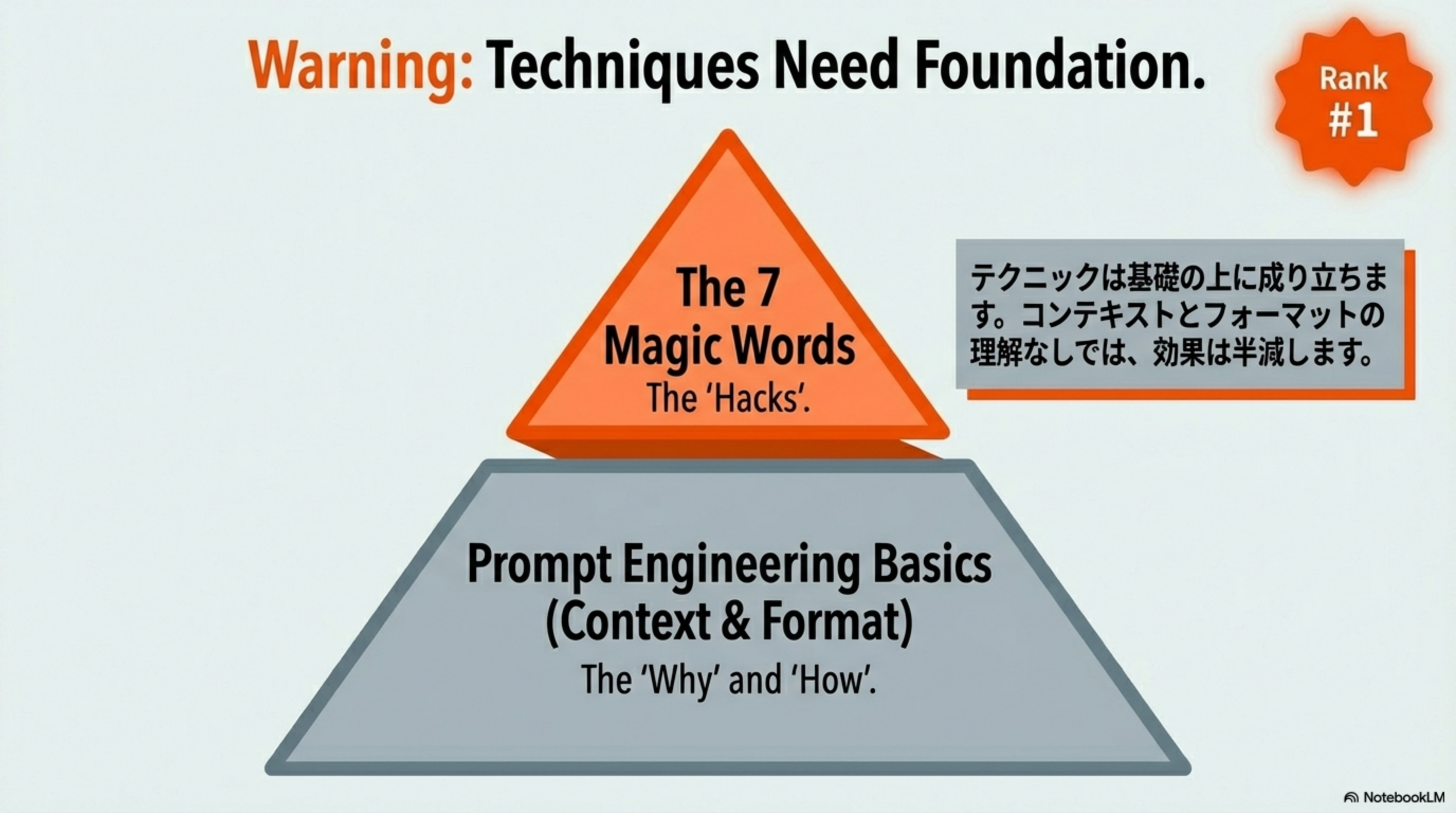 テクニックには土台が必要 - 7つの魔法の言葉とPrompt Engineering Basicsのピラミッド図