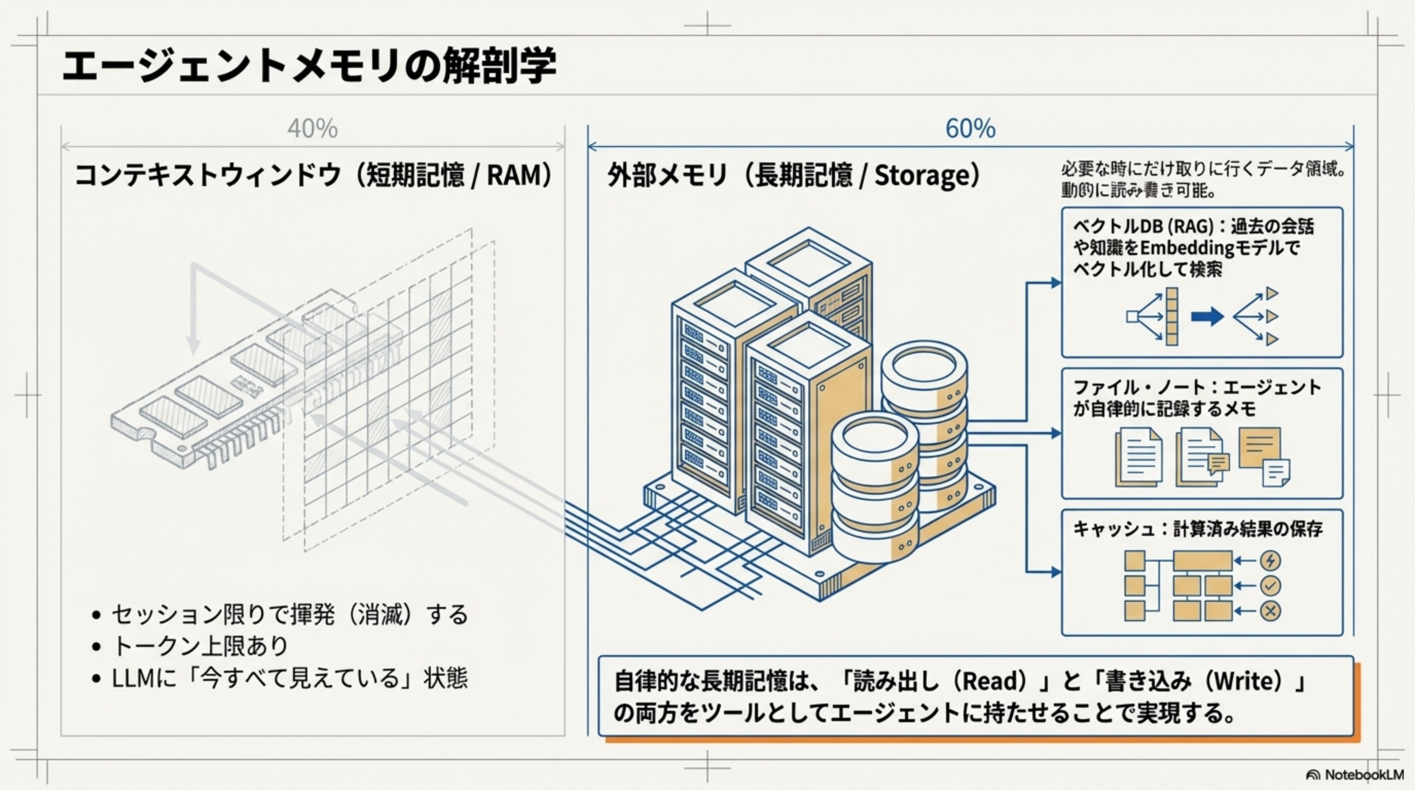 エージェントメモリの解剖学: コンテキストウィンドウ(短期記憶)と外部メモリ(長期記憶)の構造