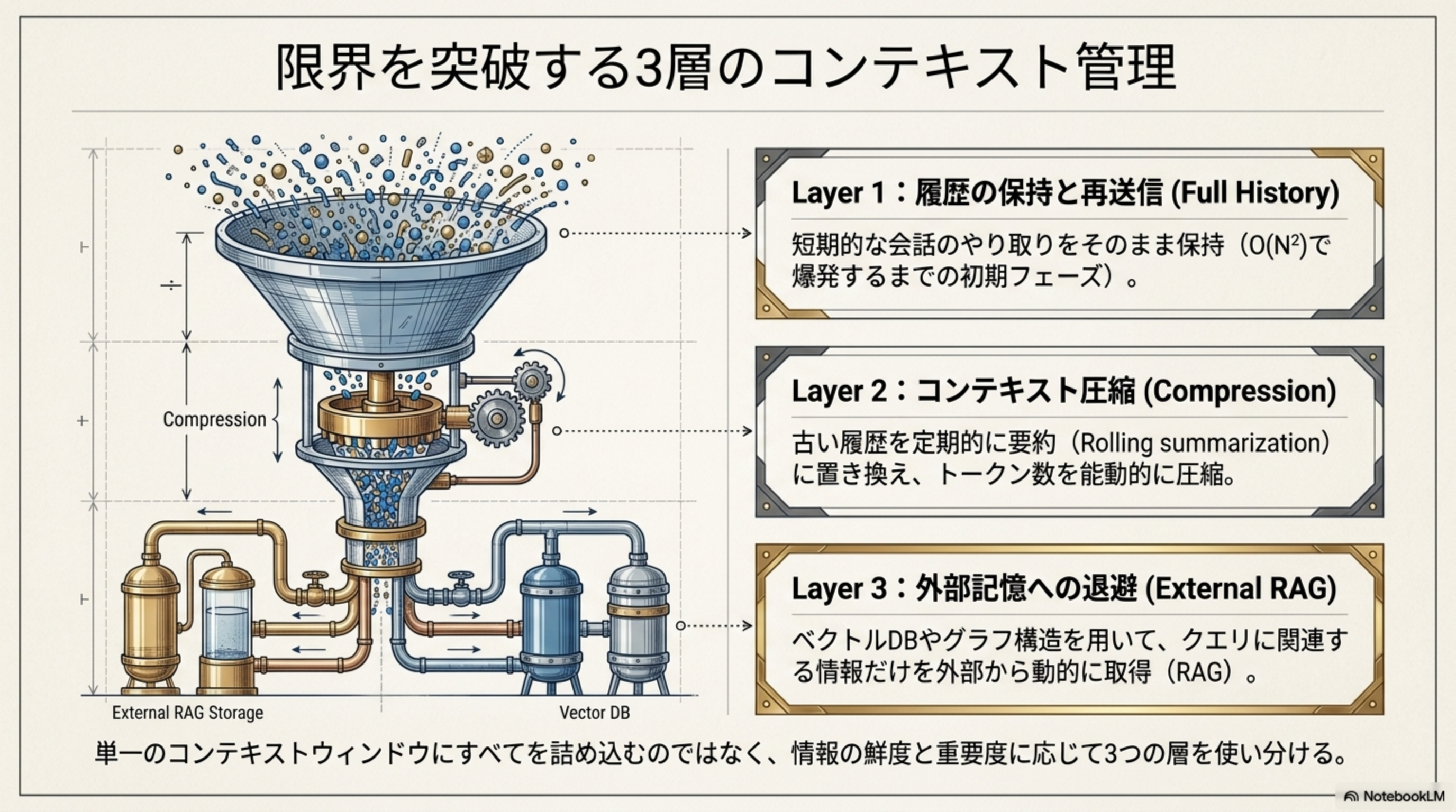 3層のコンテキスト管理 - Full History → Compression → External RAG