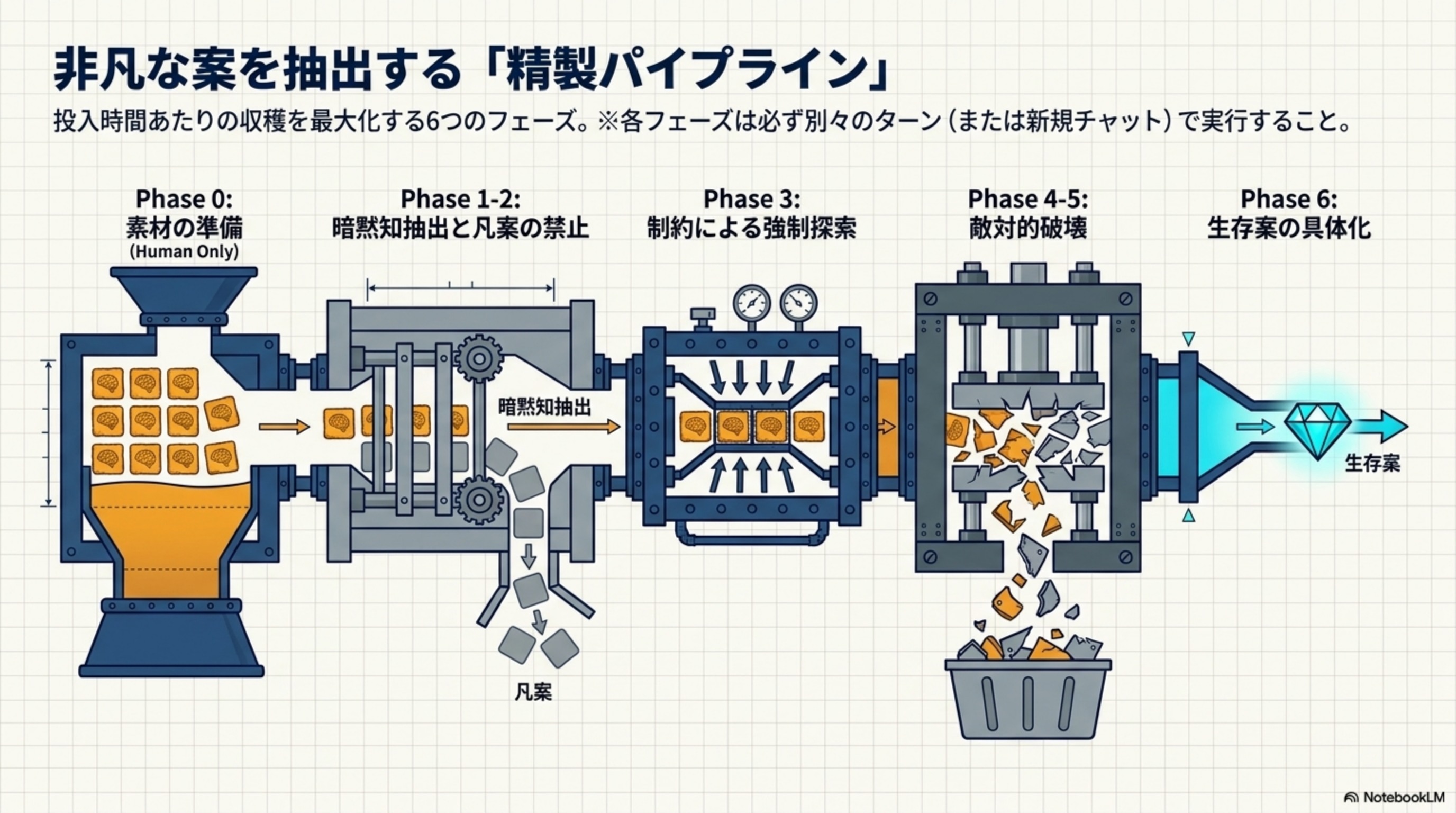 非凡な案を抽出する精製パイプライン - 6フェーズの全体像
