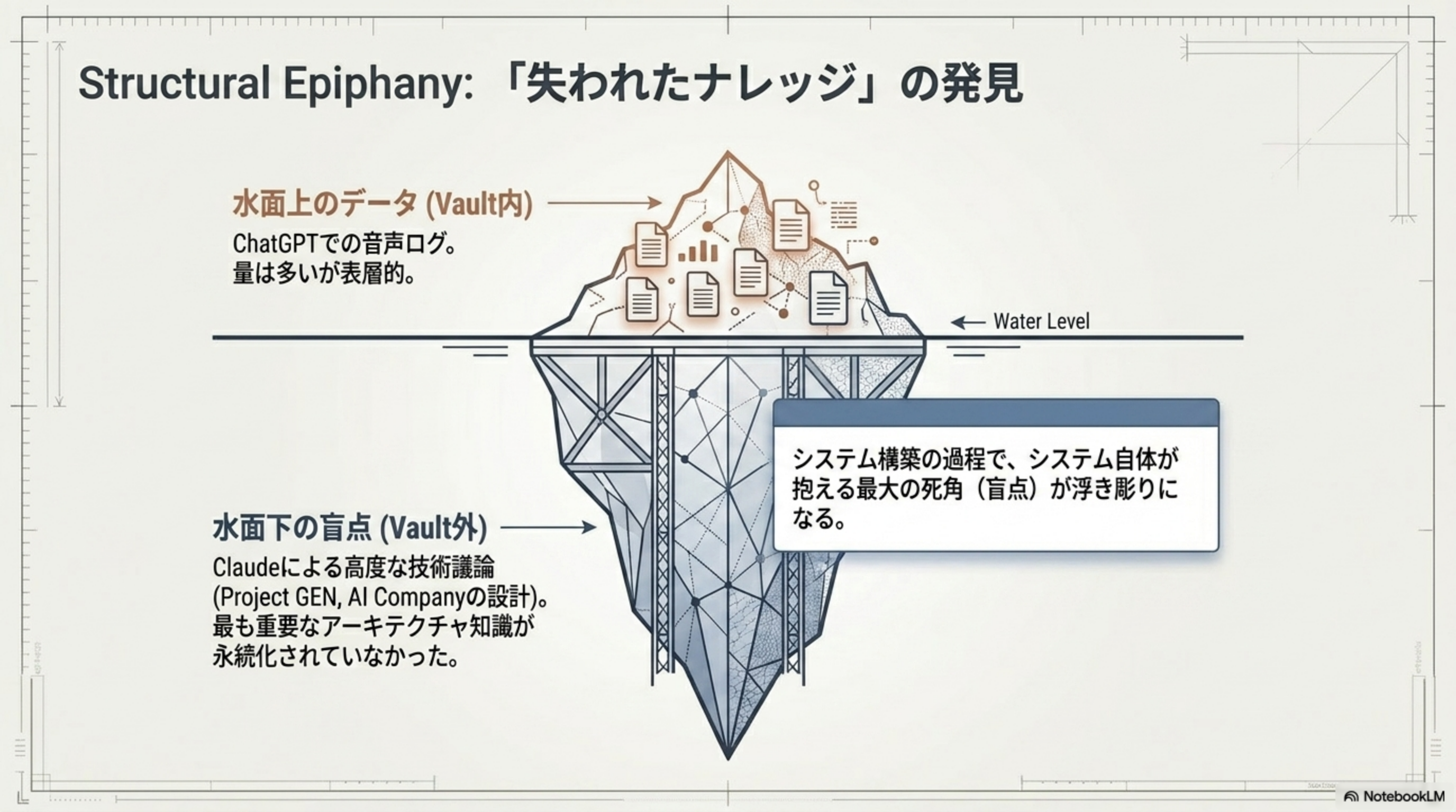 氷山モデル：水面上の Vault 内データ vs 水面下の Vault 外データ