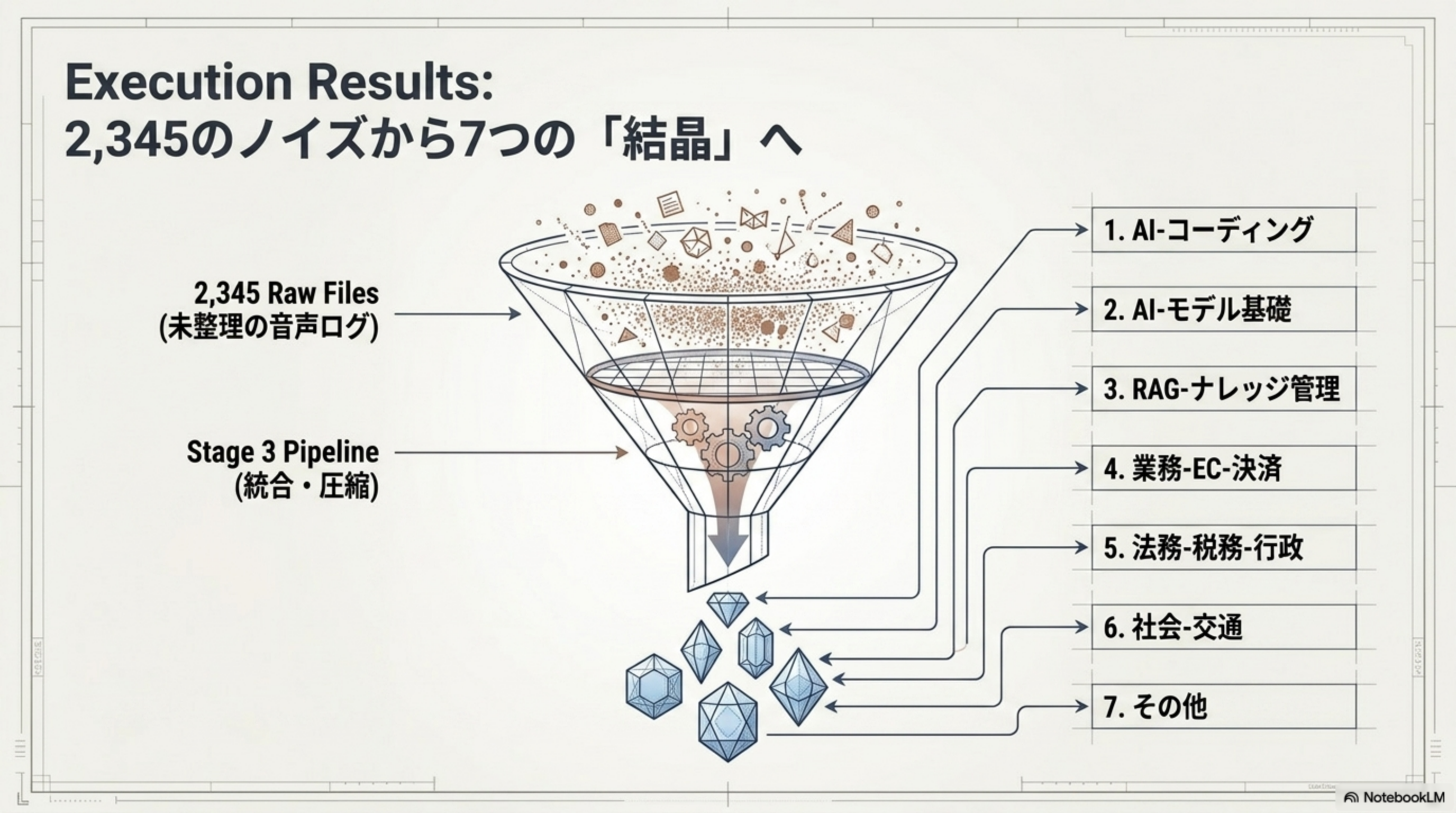 2,345 Raw Files から7つの結晶が抽出されるファネル図