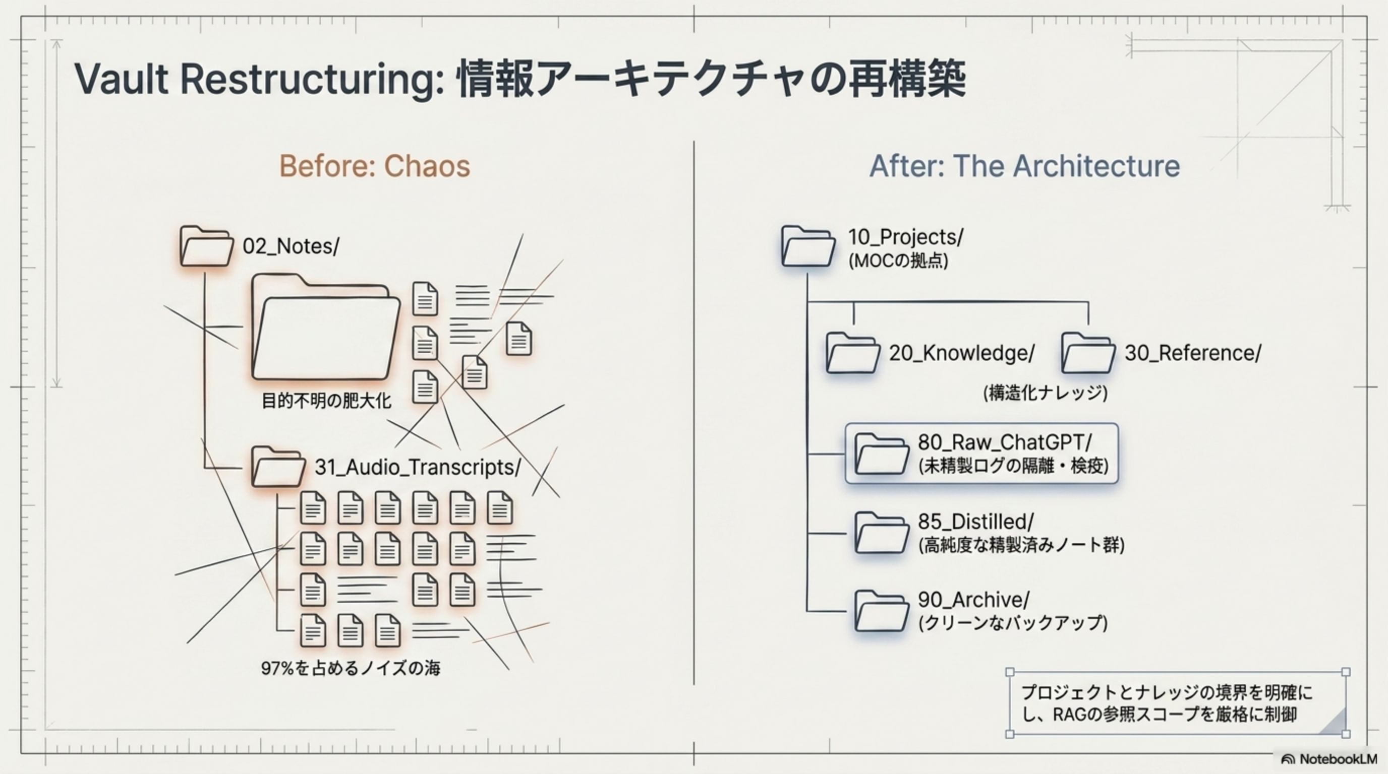 Before: カオスなフォルダ構造 → After: 役割別の階層構造